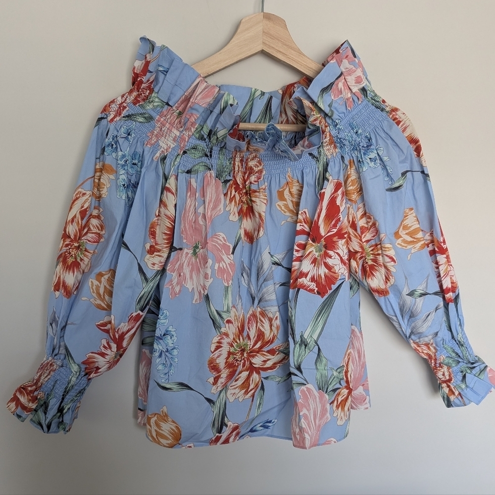 Christy Lynn Women Cotton Floral Printed Off The Shoulder Blouse Blue Size Small - Picture 2 of 10